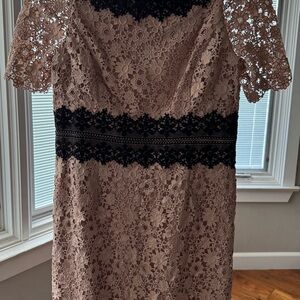 SHAN Floral Lace Midi Dress in Brown and Black